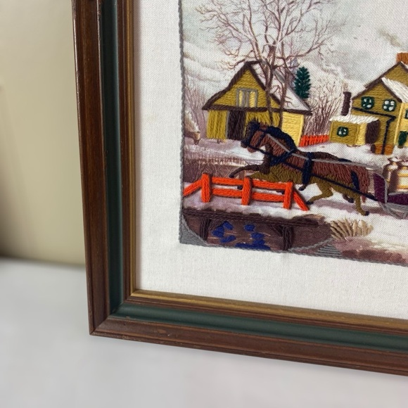 Vintage Crewel Needlepoint Folk Art Farmhouse Sleigh Ride Wall Art Picture - Picture 12 of 14